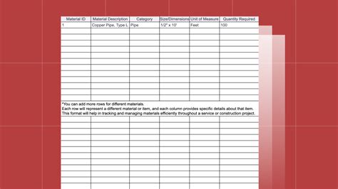 Plumbing Material List Template
