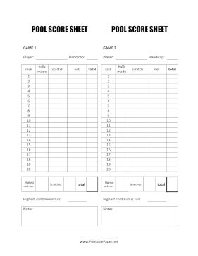 Pool Score Sheet Template
