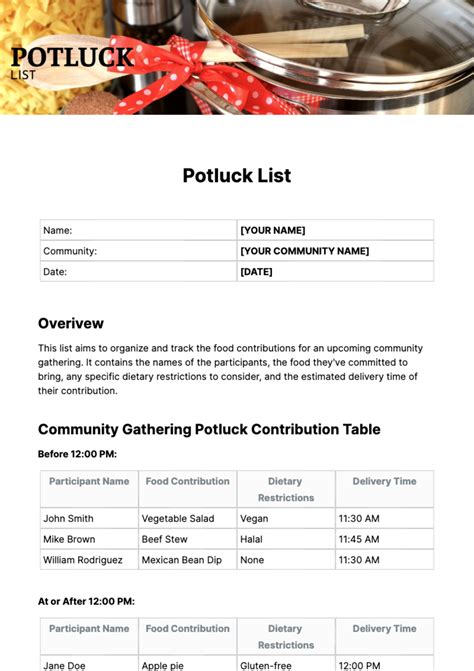 Potluck List Template