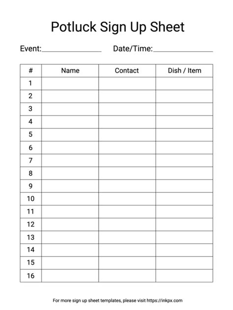 Potluck Sign Up Sheet Template