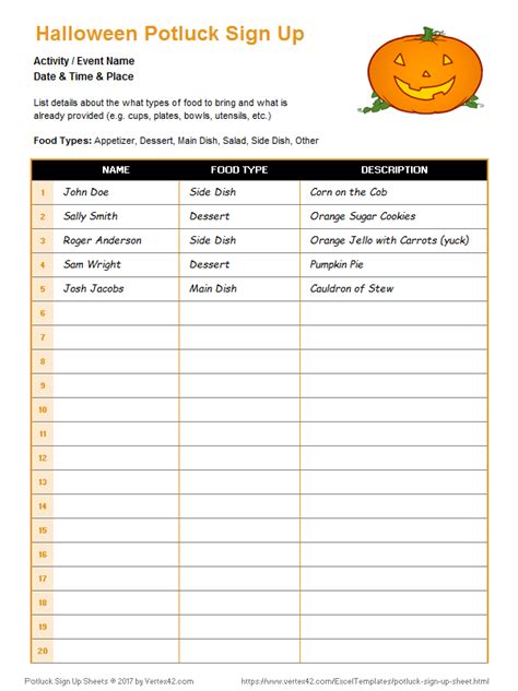 Potluck Sign Up Sheet Template Google Sheets