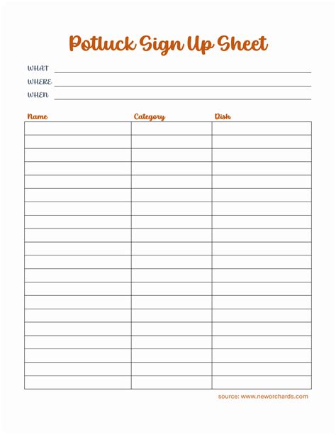 Potluck Sign Up Sheet Template Word