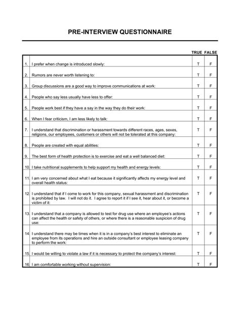 Pre Interview Questionnaire Template