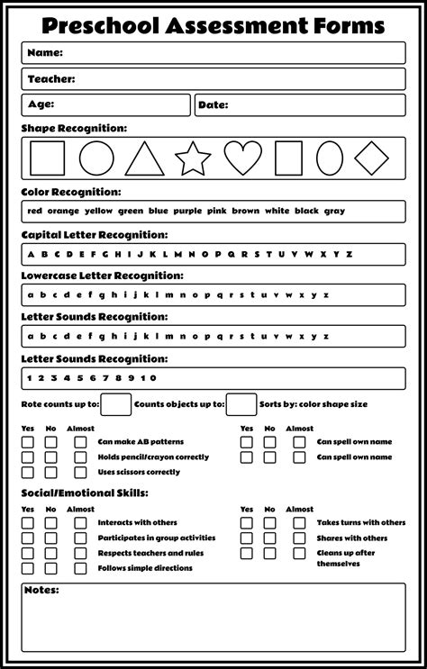 Pre K Assessment Printable