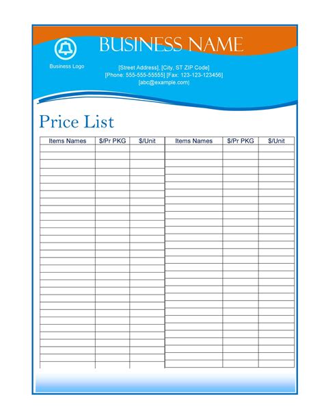 Price List Template Word