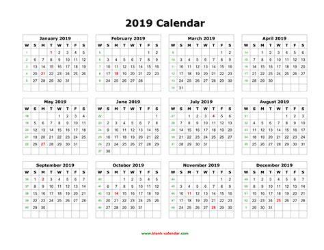 Printable 12 Month Calendar 2019 On One Page