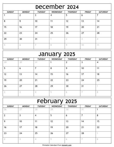Printable 3 Month Calendar December January February