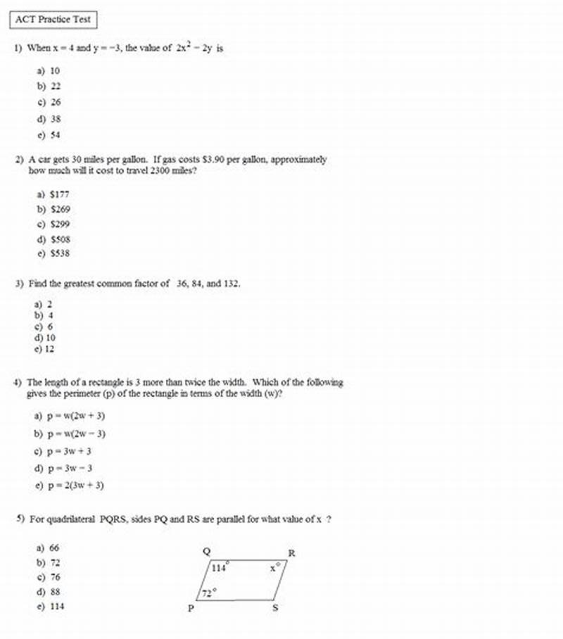 Printable Act Practice Math Test With Answers