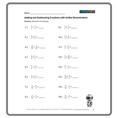 Printable Adding And Subtracting Fractions With Unlike Denominators