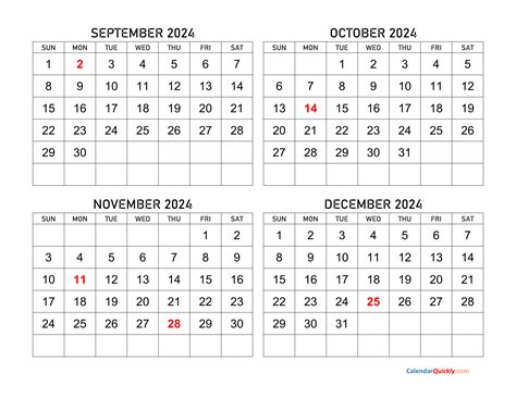 Printable Calendar August September October November December 2017