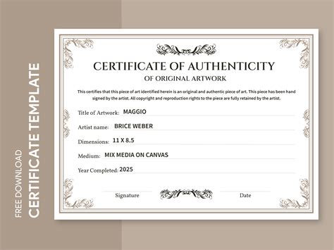 Printable Certificate Of Authenticity