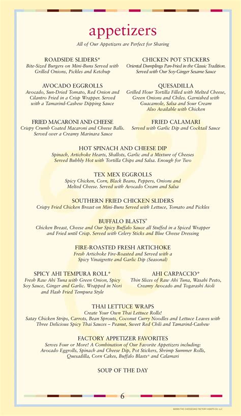 Printable Cheesecake Factory Menu