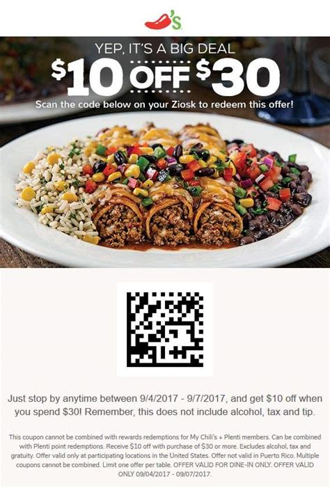 Printable Chilis Coupons $10 Off $30
