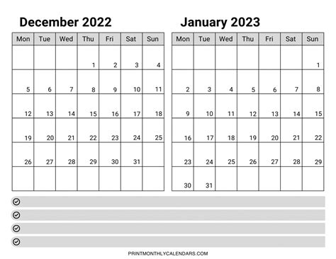 Printable December And January Calendar