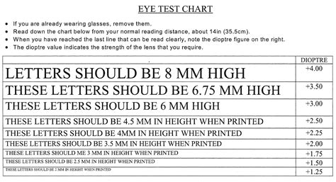 Printable Diopter Reading Test Card