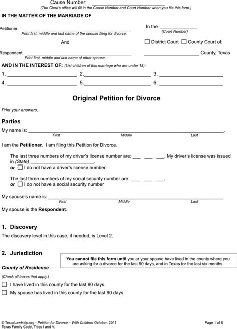 Printable Divorce Forms Texas