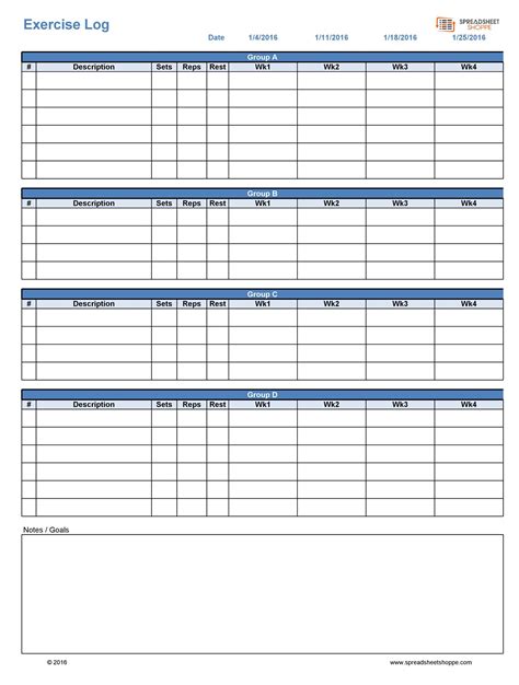 Printable Exercise Log Template