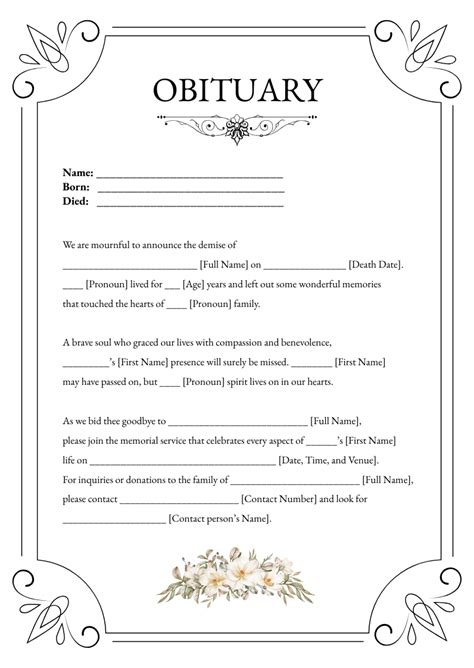 Printable Fill In The Blank Obituary Template