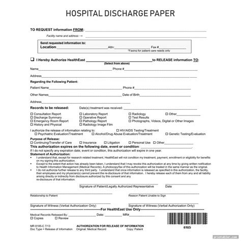 Printable Fillable Real Hospital Discharge Papers