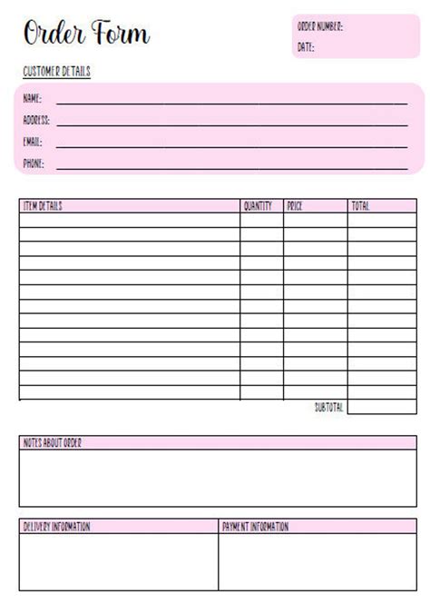 Printable Free Small Business Order Form Template