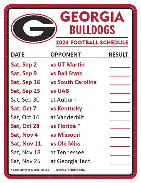 Printable Georgia Football Schedule