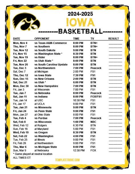 Printable Iowa Men's Basketball Schedule