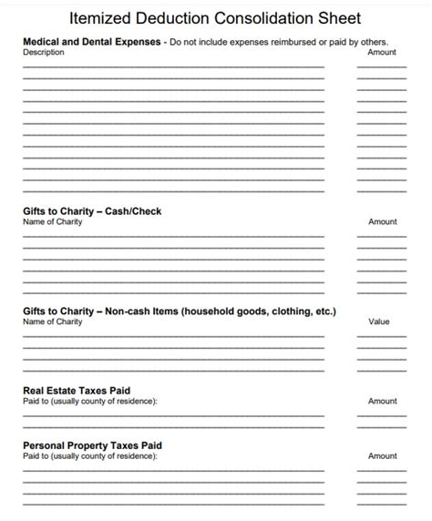 Printable Itemized Deductions Worksheet