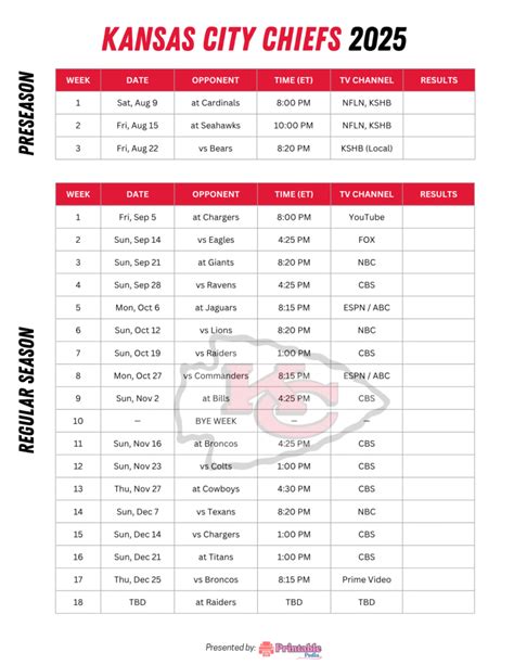 Printable Kansas City Chiefs Schedule