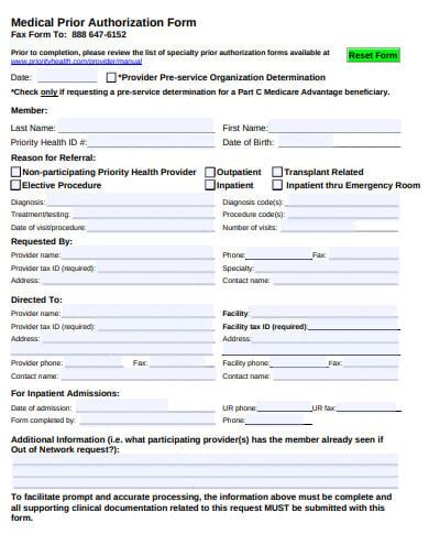 Printable Medical Prior Authorization Form Template