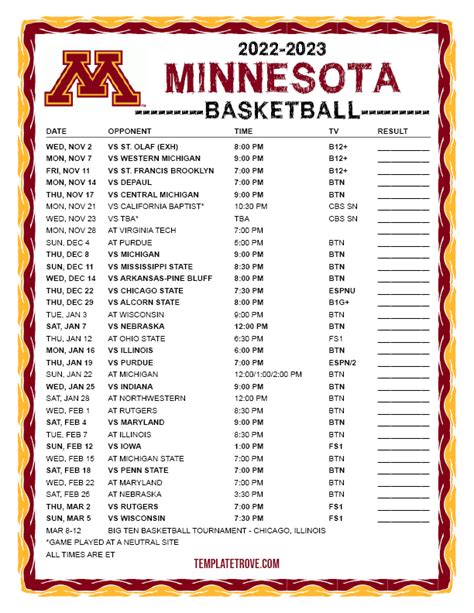 Printable Minnesota Gopher Basketball Schedule