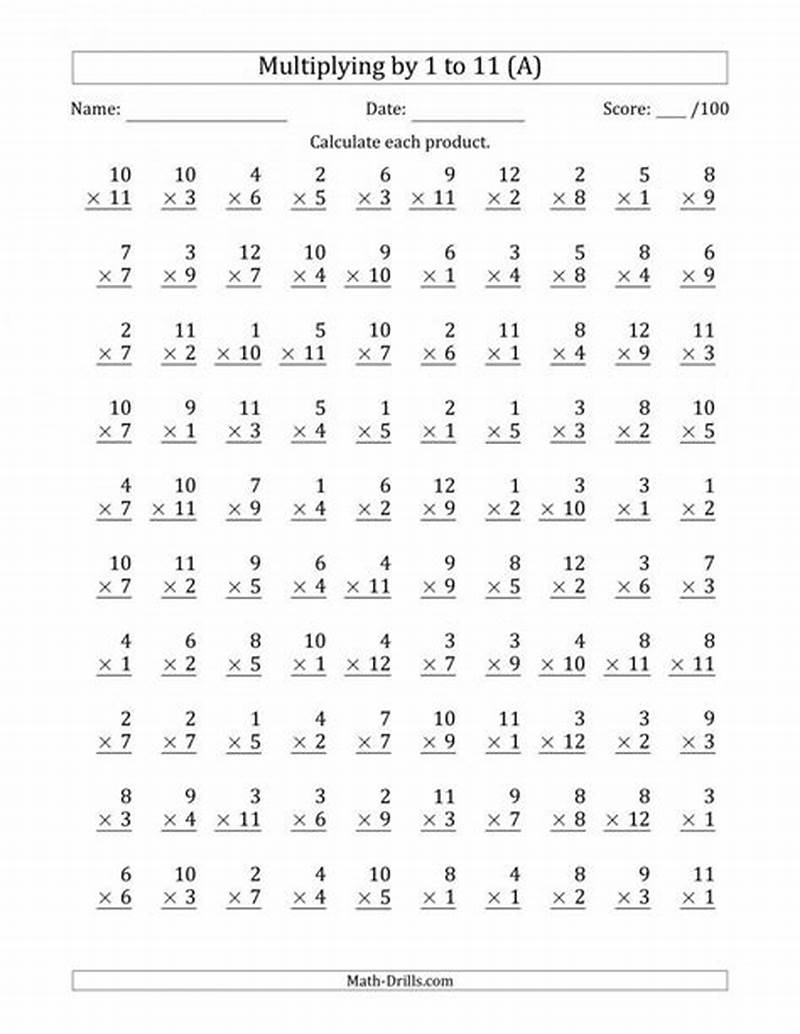 Printable Multiplication Table Test
