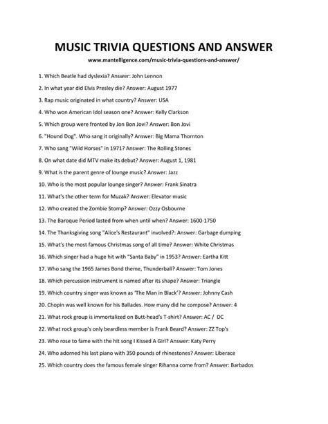 Printable Music Quiz Questions And Answers