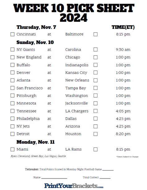 Printable Nfl Schedule Week 10