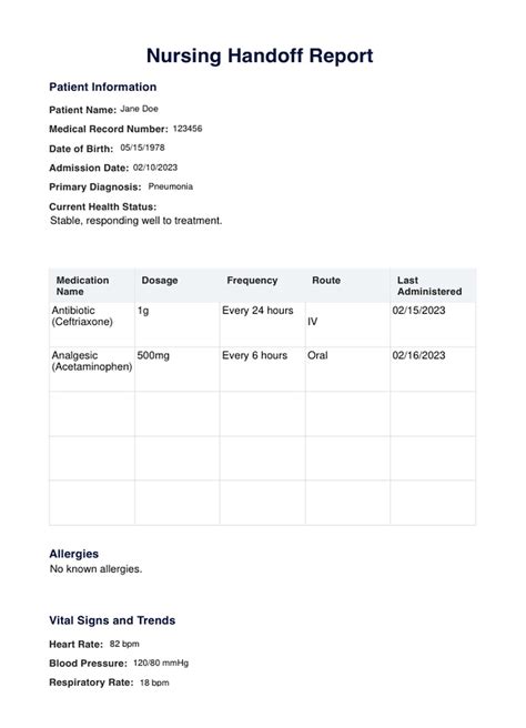 Printable Nursing Handoff Report Template