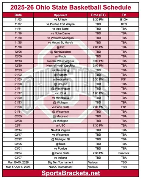 Printable Ohio State Men's Basketball Schedule