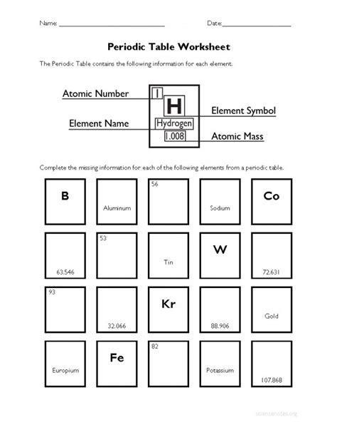 Printable Periodic Table Worksheet