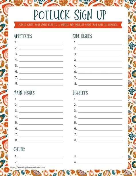 Printable Potluck Sign Up Sheet