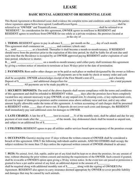 Printable Rental Lease
