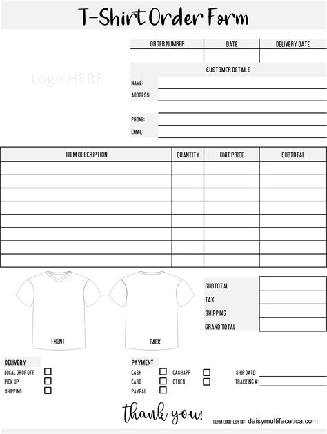Printable Shirt Order Form Template Free
