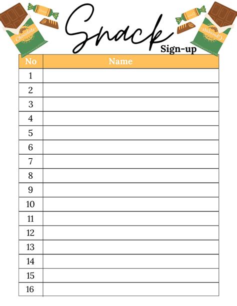 Printable Snack Sign Up Sheet