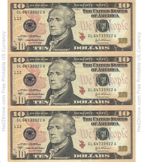 Printable Ten Dollar Bill