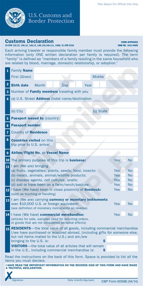 Printable U S Customs And Border Protection Declaration Form 6059b