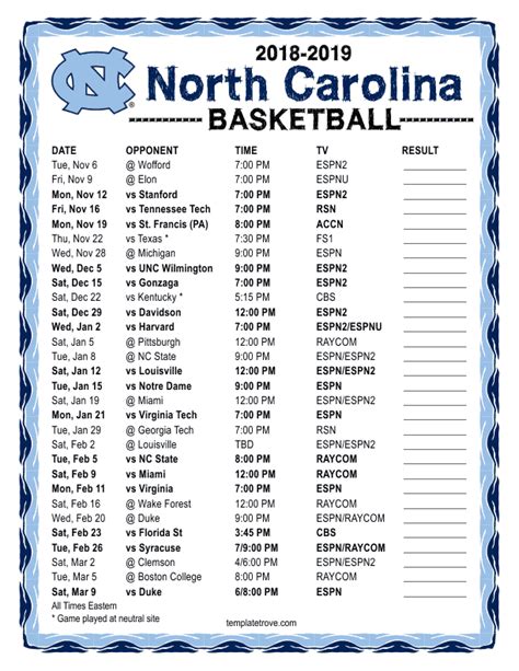 Printable Unc Basketball Schedule