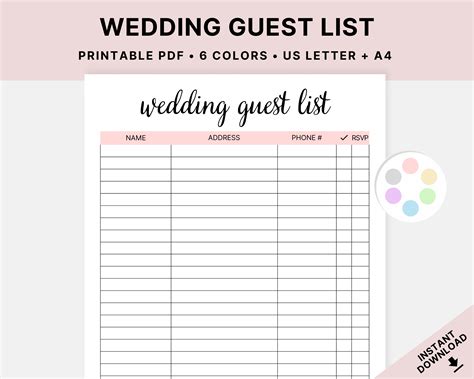 Printable Wedding Guest List