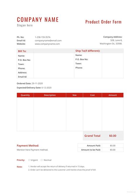 Product Order Form Template