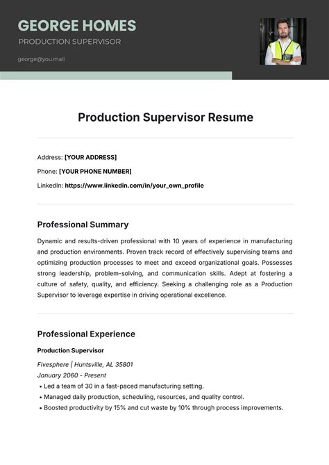 Production Supervisor Resume Template