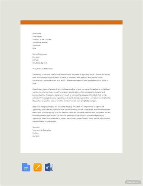 Professional Letter of Recommendation Template Google Docs