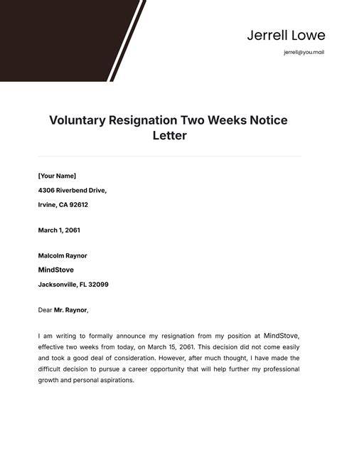 Professional Two Weeks Notice Template