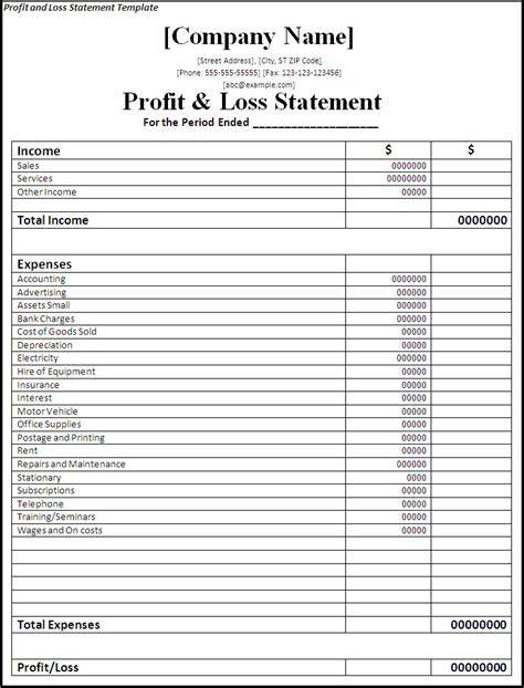Profit And Loss Statement Template Word