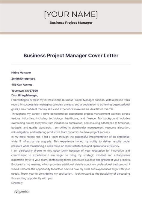 Project Manager Cover Letter Template